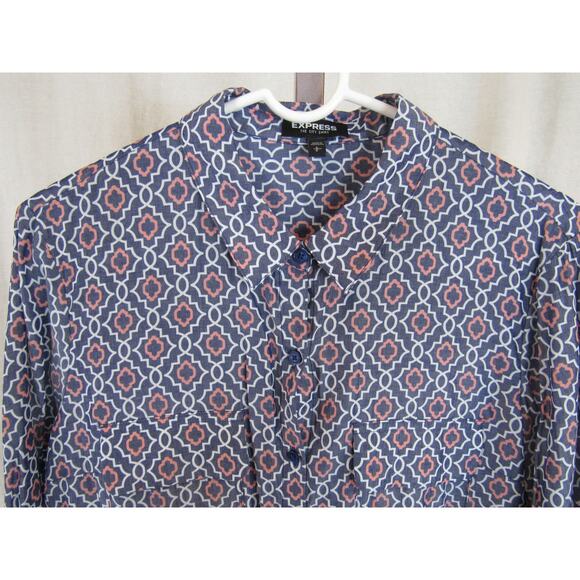 Express The City Shirt Large Blue Printed Retro Button Up Shirt Collared - Picture 3 of 4